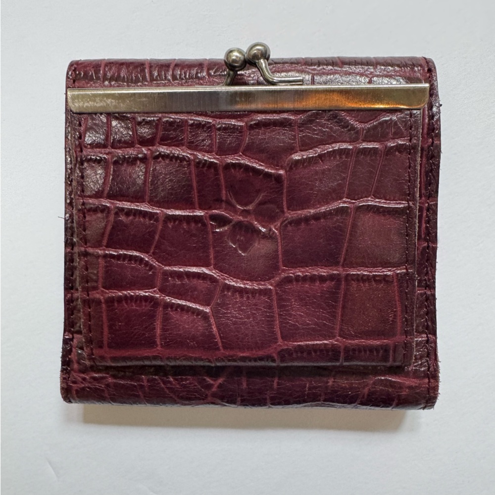 PATRICIA NASH Distressed Vintage Croc Leather Reiti Kisslock Plum Wine Wallet